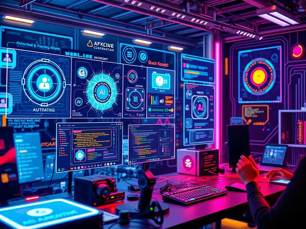 A futuristic digital workspace filled with holographic interfaces displaying various AI tools for programming, vibrant colors and glowing elements, a programmer interacting with the tools, abstract representations of code.