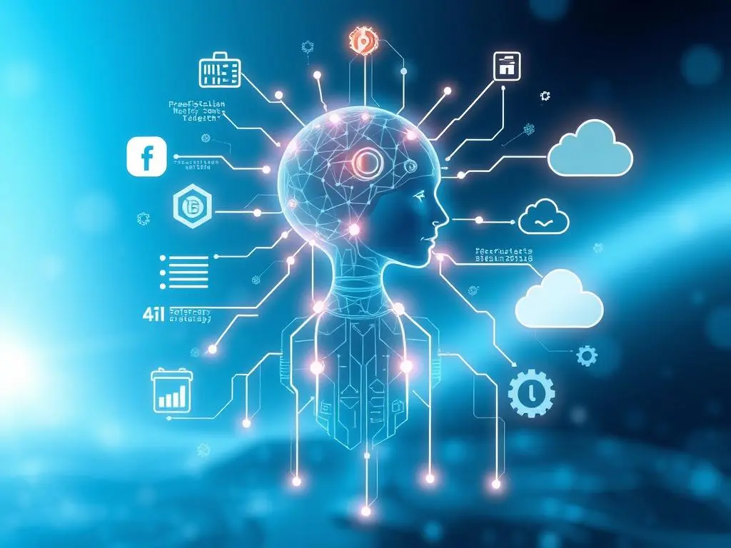 An abstract representation of an AI figure, embodying intelligence and creativity, with glowing lines symbolizing data flow and connections. The figure is surrounded by digital elements like code snippets, gears, and cloud icon.